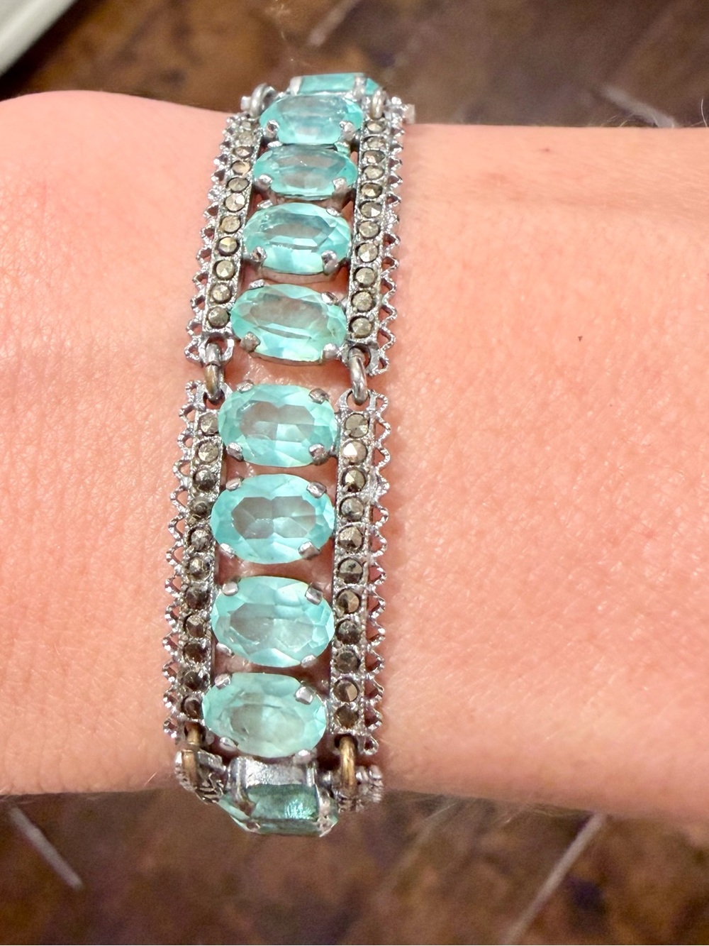 Silver Bracelet with Aquamarine-Blue Oval Stones